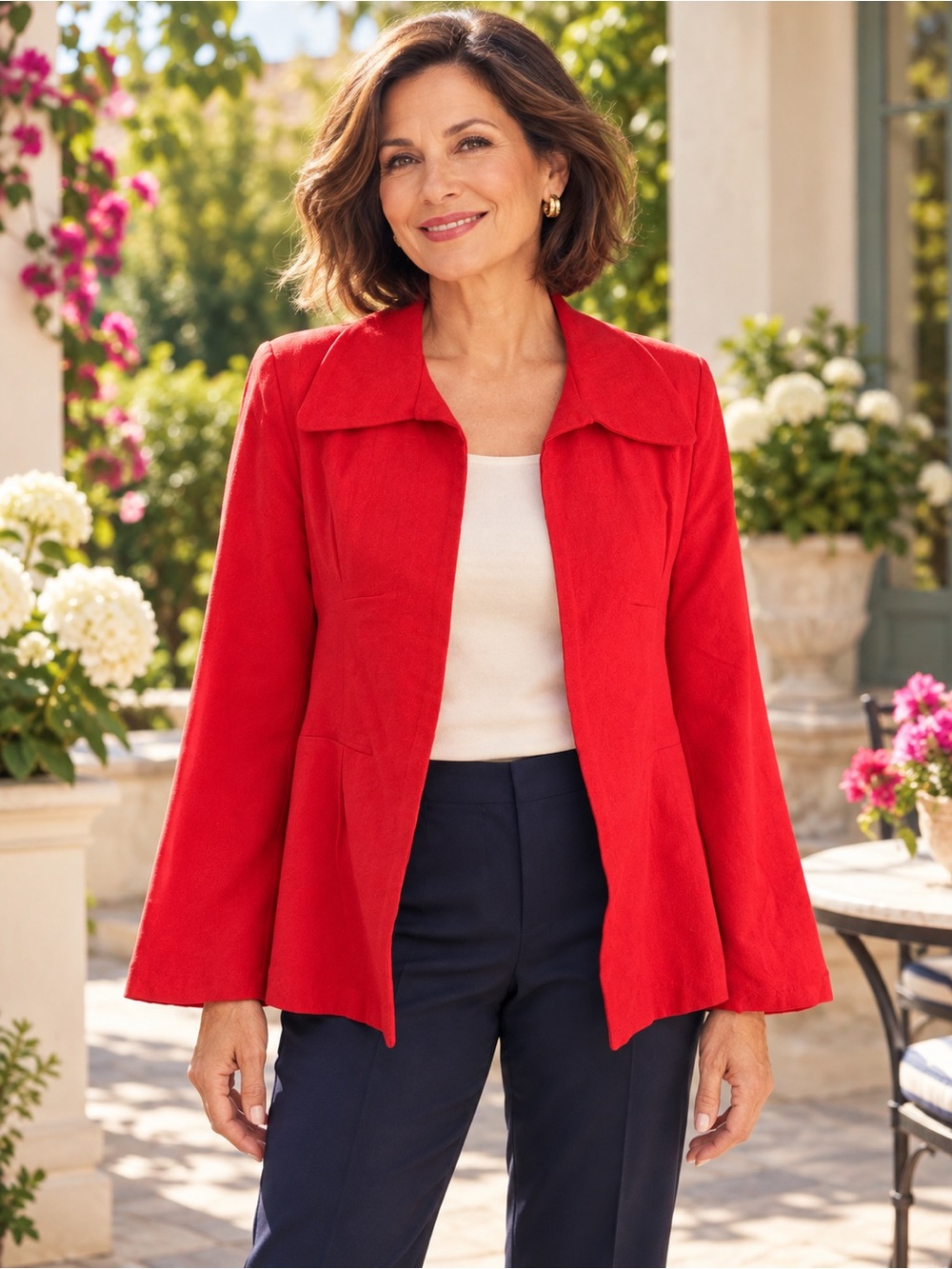 Frances Valentine Tomato Red Cotton Blazer Bell Sleeve Floral Lined Jacket XS